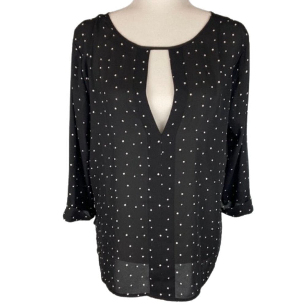 monk & lou Blouse Plunge V Neck Polka Dot Print Flowy 3/4 Sleeve Size Small